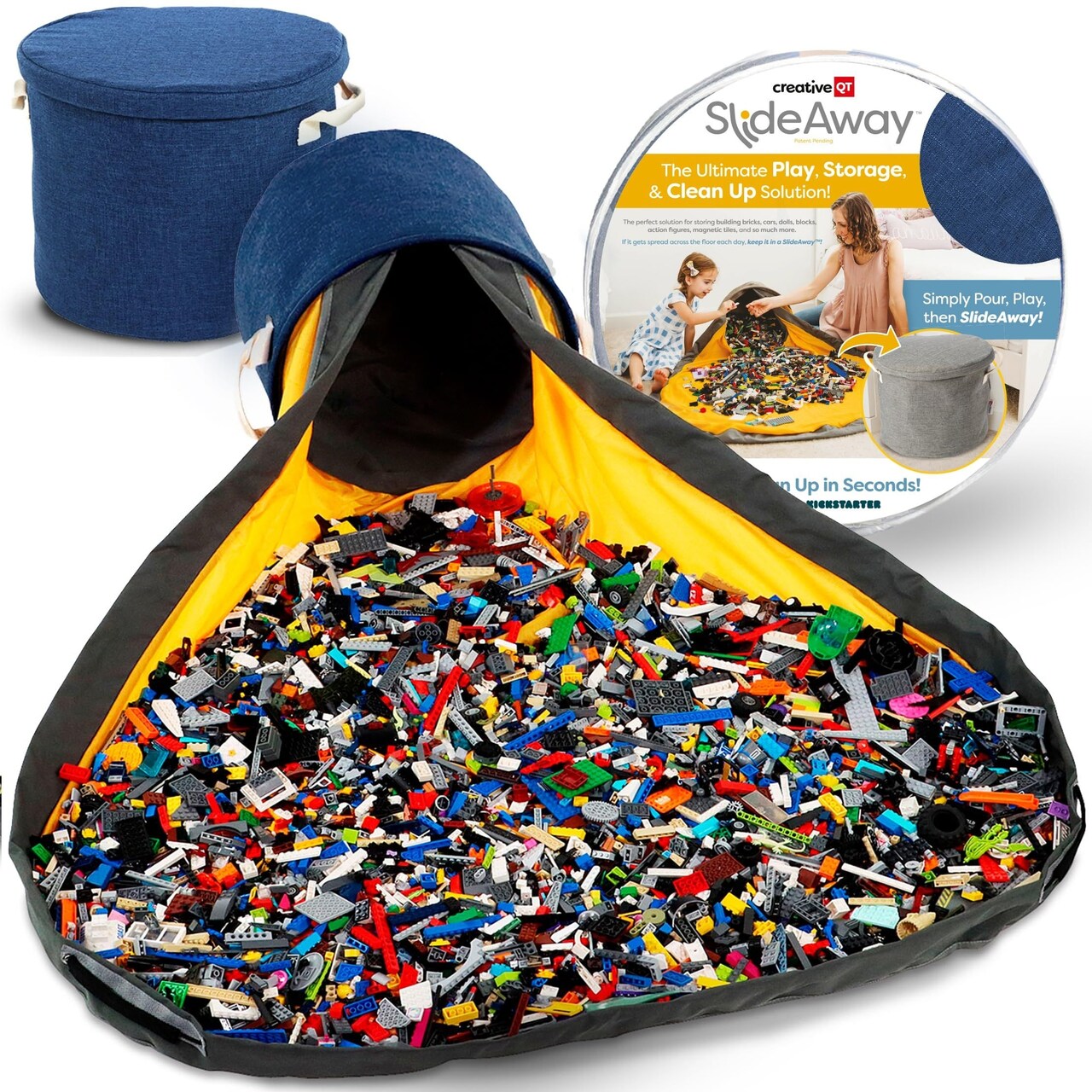 Creative QT SlideAway Toy Storage Organizer & Extra Large 52" Play Mat, Collapsible Storage Bins for Building Bricks, Small Blocks, Toys, Drawstring Cleanup for Kids Playroom & Classroom, Blue